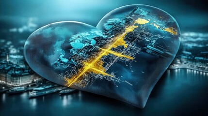 Glowing heart shaped planet representing global connectivity energy flow and technological innovation  Futuristic digital network and infrastructure concept