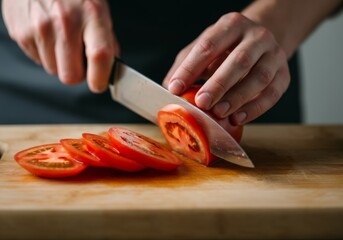 Close-up of hands slicing fresh red tomato on wooden cutting board