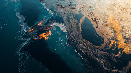A large-scale oil spill spreads across the ocean, with thick black oil covering the water’s surface. Marine wildlife struggles to escape as cleanup crews work urgently to contain the environmental