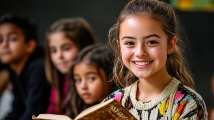 Obraz premium Smiling and engaging teacher presenting a lesson, book in hand, students participating in discussion