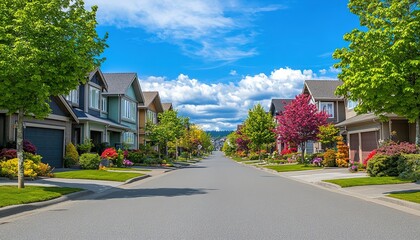 Obraz premium A street view of beautiful residential houses in the suburban area, with trees and lawns on both sides of the road, creating an idyllic urban landscape.