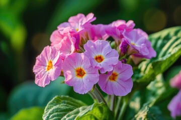 A close-up shot of a pink flower surrounded by green leaves