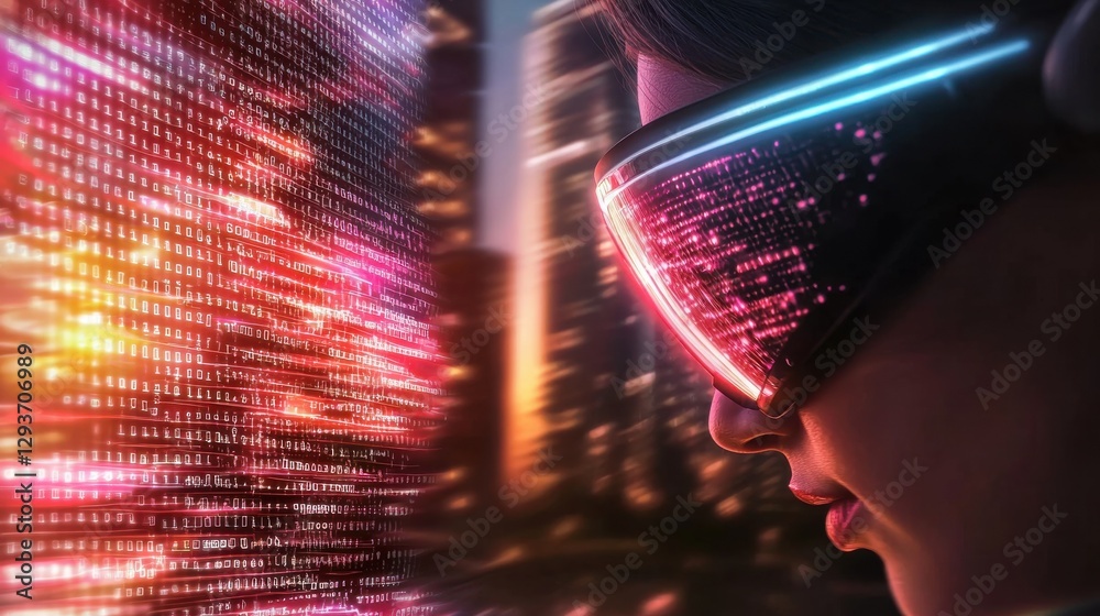 Poster futuristic digital cityscape with illuminated data visualization pattern in a dynamic technologicall