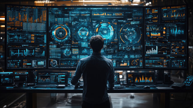 Technician Monitoring Multiple Screens in Server Room