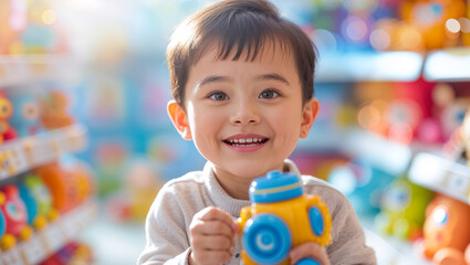 portrait little happy asian boy in toy store