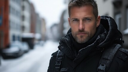 Strong man stands confidently in a snowy urban street showcasing winter fashion and determination amid cold weather conditions