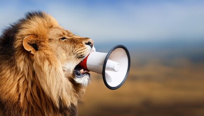 Vibrant Roar of the Majestic Lion Amplified by Modern Megaphone, Set against a Stark White Backdrop, Creating an Eyecatching Advertisement Design with Wide Text Space