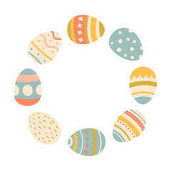 Painted Easter eggs frame, border with copy space. Flat style vector design. Easter holiday seasonal card, banner, poster, element, background