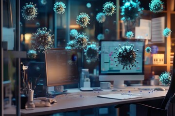 Viruses hover around office desk computers