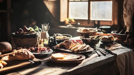 Rustic Kitchen Table with Herbs, Cheese, and Bread for a Farmhouse Style Interior Design