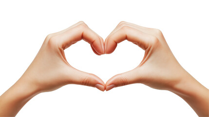 Two hands forming a heart shape by joining the tips of the thumbs and index fingers. The skin appears soft and smooth, with a gentle glow