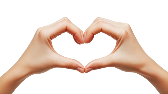 Two hands forming a heart shape by joining the tips of the thumbs and index fingers. The skin appears soft and smooth, with a gentle glow