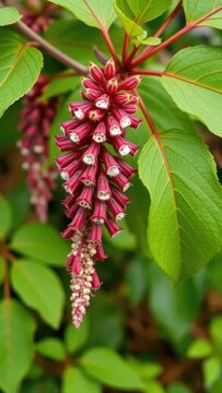 Acalypha hispida Burm flowering in leaf axils hanging down, flowering plants, tropical, foliage