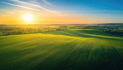 Obraz premium Aerial view of a beautiful landscape with green fields and a blue sky at sunset, in the French countryside, an idyllic rural scene, in the spring season.