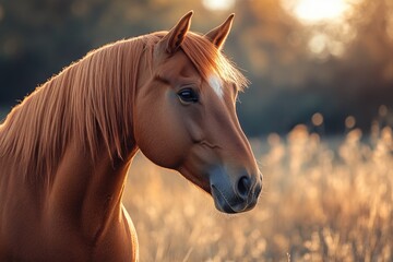 Obraz premium A brown horse stands peacefully in a lush field of tall grass