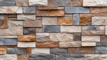 Textured stone wall with a mix of colors and patterns, white isolated background.