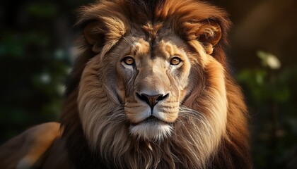 Fototapeta premium Majestic Lion Basking in the Savannah Sunset Glow, Golden Manes and Rusty Textures Illuminate the African Plains, Capturing the Essence of Pride and Serenity.