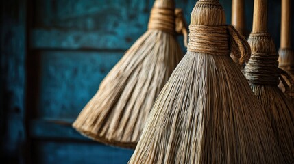 A collection of brooms hung neatly from the side of a wall, ready for use