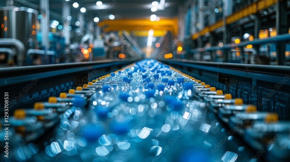 Poster bottles of water travel along a conveyor belt in a busy factory at night with automated machinery an