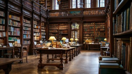 Elegant Library Interior with Wood Furniture and Tall Bookshelves