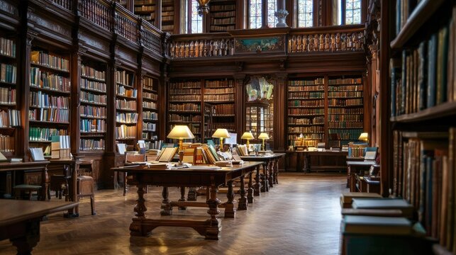 Elegant Library Interior with Wood Furniture and Tall Bookshelves