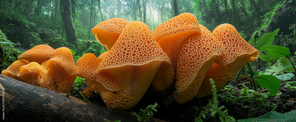 Poster A close-up shot of a group of vibrant orange netted stinkhorn mushrooms growing in the forest with sunlight filtering through the trees, showcasing their intricate texture and structure.