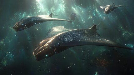 Fototapeta premium Galactic Manta Rays Navigating Through a Nebula, Cosmic Ocean, Generated AI
