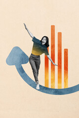 Trend artwork template design 3D collage sketch of young lady smile walk arrow balance way...