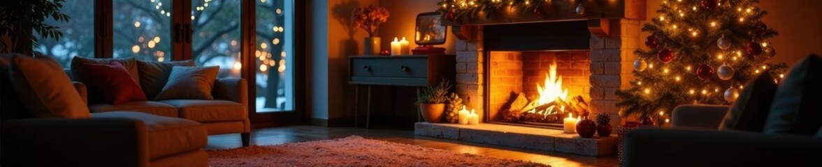 Cozy fireplace with Christmas tree and candles, wooden furniture, inviting space