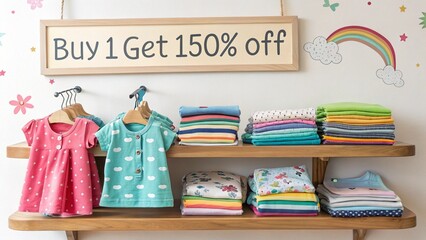 Clothing sale banner 'BUY 1 GET 1 50% OFF' above neatly folded kids' wear on a store shelf, promoting special offers