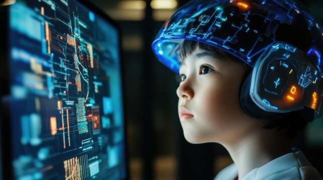 Student using a tablet with a digital tutor AI, adaptive learning experience, futuristic online education interface