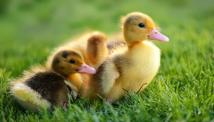 Adorable Baby Ducklings Frolicking on Green Pasture, Charming Snapshot with Soft Focus and Wide Open Spaces, Perfect for Digital Art, Home Decor, or NatureInspired Design