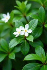 Delicate white flowers blooming on a small shrub in an Indian garden, white, jasmine, camellia