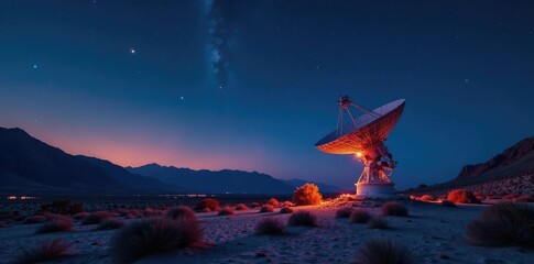 Fototapeta premium Desert landscape at night with radio telescope radar dish, telescope, atmosphere