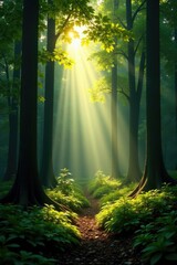 forest trees illuminated by sunlight filtering, sunbeam, forest