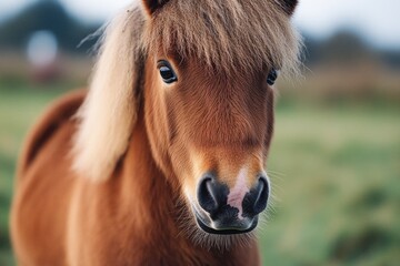 A small brown horse stands on top of a lush green field, offering a serene and peaceful scene