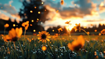 Sunset over a magical meadow, glowing fireflies dancing in the air, soft pastel clouds blending with golden light