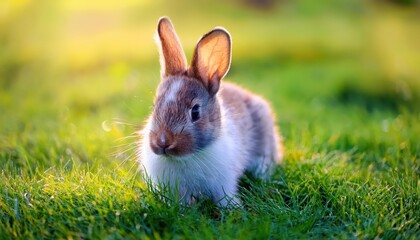 Fototapeta premium Playful Rabbit Frolicking on a Lush Lawn Amidst Golden Hours Soft Light, Displaying Whimsical Charm and Serene Tranquility of the Early Evening.