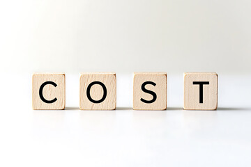 Wooden blocks spelling "COST".  Concept for expenses, finances, and budgeting. Simple, clean design on a white background. Minimalist representation of financial burden.