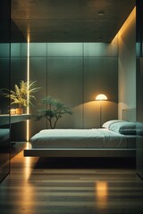 Obraz premium Serene Bedroom Interior with Floating Bed, Minimalist Design, and Subtle Lighting Scheme