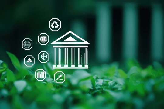 A green-themed image featuring a bank icon surrounded by various symbols representing sustainability and finance.