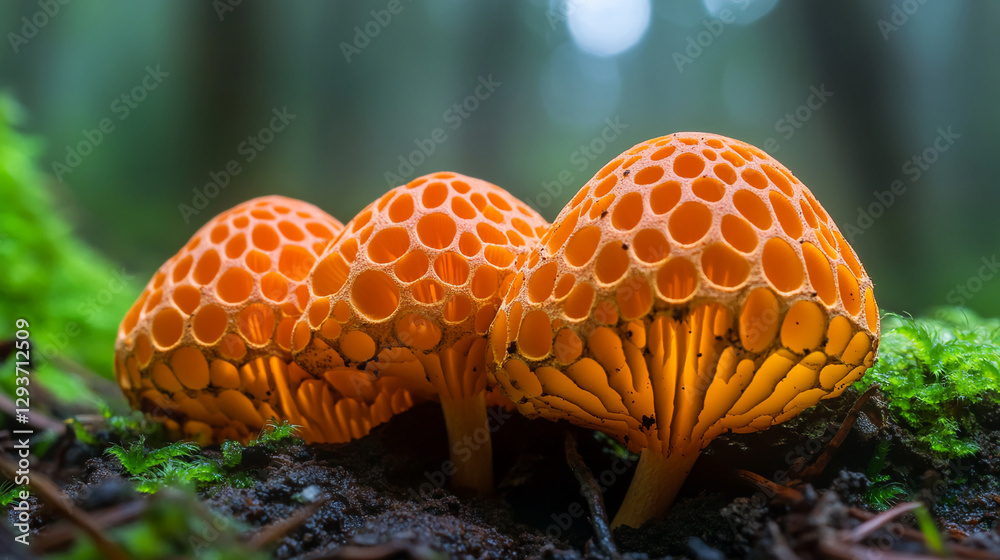 Poster close-up view of rare orange phallus indusiatus fungus growing on the forest floor, showcasing its u