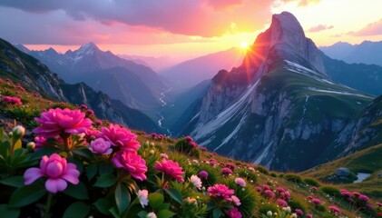 Gentle blooms amidst rugged mountain peaks at dawn, mountains, landscape, sunrise