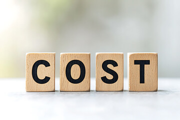 The word "Cost" is spelled out in black letters on wooden toy blocks. These blocks are positioned on a tabletop against a blurred neutral background.