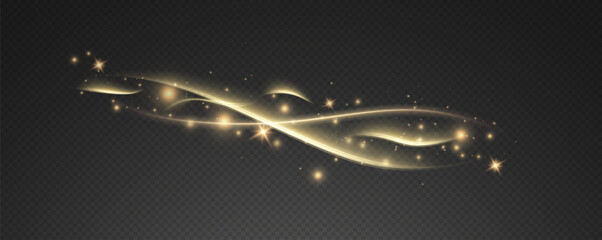 Fototapeta premium Vector png background with gold glowing lines. Gold glowing lines of speed. Light glow effect. Light trail wave, fire trail line and glow curve swirl.