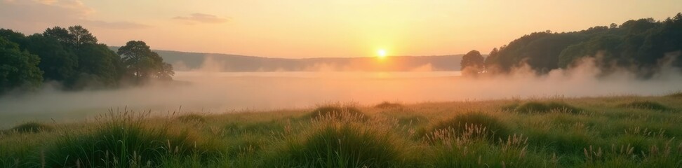 Fototapeta premium Gentle mist rising from a peaceful meadow at dawn, landscape, meadow
