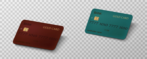 Set of mockups of credit and gift bank cards. Vector template of plastic bank cards png on transparent background.	
