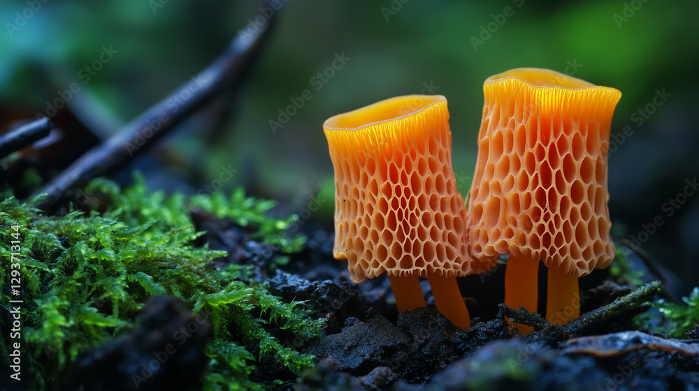 Poster Close-up view of rare orange Phallus indusiatus fungus showing its intricate net-like texture growing on forest soil, symbolizing the complexity of nature's hidden wonders.
