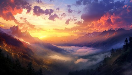 Obraz premium A breathtaking sunrise over the mountains, with colorful clouds and mist in the valley below. 