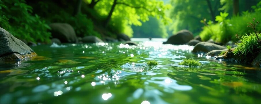 Gentle water currents carry pollen and green ooze in a serene river scene, river, green
